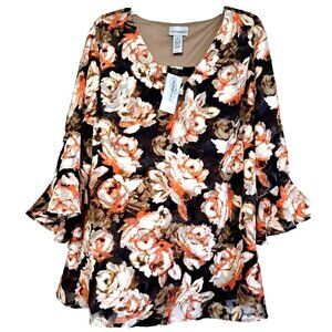 Catherines 2X (22/24W) Multicolor Floral 3/4 Trumpet Sleeve V-Neck Tunic